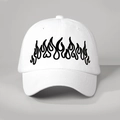 Detailed close-up of high-quality black flame embroidery on a white cotton baseball cap - White / One Size