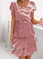 Detail of layered chiffon dress showing white artistic linear print and tiered hemline - S / Bottoms / Geometric Lotus