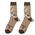 Detailed view of khaki crew socks featuring hummingbird print and contrast brown heels - One Size / Khaki Hummingbird Flower Style (A1185)
