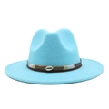 Detail of light blue wool fedora featuring a shell ornament and braided decorative band - Lake Blue