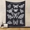 Detail of vintage black butterfly tapestry with white insect illustrations hanging on wall - 73X95CM / Brushed Fabric / Black Vintage Butterflies
