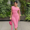 Pink one-shoulder sleeveless slim fit top and matching tight trousers two-piece set - Pink