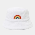 Plush white bucket hat for women with colorful rainbow embroidery for winter warmth - One Size / White