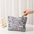 Trousse à maquillage en lin et coton avec broderie florale violette et fermeture éclair - Feuille Verte Fleur Violette Grand