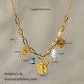Detailed close-up of a gold stainless steel layered necklace with heart and coin charms - Coin Star Turquoise Style (CH1176-4)