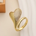 Elegant gold-plated open ring featuring an asymmetric heart-shaped zircon inlay design - Adjustable Open / Gold Asymmetric Heart Style (14354)