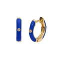 Detailed shot of blue enamel C-shaped earrings with gold plating and zircon stone - 24K / Blue Enamel Small Hoop (JQH0020-GG-6)