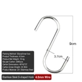 Gancio a S in acciaio inossidabile da 4mm altezza 9cm per cucina e bagno - 9cm x 3,7cm / 4,0mm / Argento (Sfuso)