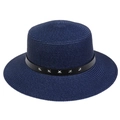 Navy blue straw sun hat with wide brim and black leather band with silver star studs - Five-pointed Star Studded Band Style (301G)