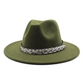 Detail of dark green wool fedora hat featuring a stylish snakeskin band and gold button - Army Green
