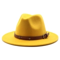 Detail of yellow wool fedora hat featuring a brown leather band with metal rivets - M (56-58cm) / Yellow