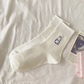 White cotton crew socks featuring cute blue rabbit embroidery and ribbed elastic cuffs - White - Blue Rabbit
