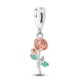 Silver and rose gold rose flower bead with green stone charm for jewelry making - KTC689-Blooming Rose Pendant