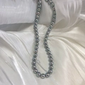 Macro shot of silver-blue Akoya style pearl necklace on white satin fabric - S925 Silver Buckle/Faux Pearl / 8mm/43cm