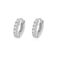 Detailed view of silver hoop earrings with six white cubic zirconia stones in symmetrical layout - Zirconia Huggies / Silver