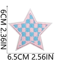 Macro detail of star-shaped pink and blue checkered embroidered patch with dimensions - Style 6 (Blue Pink Checkerboard Star)