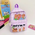Purple checkered preschool backpack featuring cute cartoon capybara prints for kids - Purple
