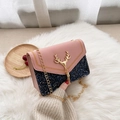 Pink and navy blue sequin crossbody bag with gold deer lock and chain strap - Pink