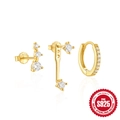 S925 Sterling Silver gold plated hoop earring set with white baguette zirconias - 3Pcs Set - Gold #5