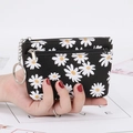 Mini black daisy canvas coin purse with zipper and silver keychain attachment - Black