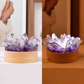 Natural crystal cluster night light with purple resin base and warm wood stand - White Crystal+Amethyst Gravel-Cold Light