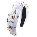 Detail of white knotted headband with pearl, rhinestone, and gold football charms - White