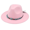 Detail of pink fedora with bohemian turquoise beaded band and woven trim decoration - M (56-58cm) / Pink