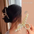 Large golden hair claw clip with pearls and rhinestones shown on model and close-up - 8# Large Rhinestone Pearl Claw Clip / 11cm