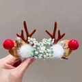 Detail of Christmas reindeer antler hair clip with red berries and white plush balls - 6# Christmas Hair Clip - Brown Antler White Fur Berry Pair