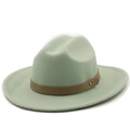 Detail of mint green wool fedora with brown faux leather band and gold stud accents - M (56-58cm) / Mint Green