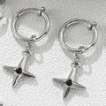 Silver steel hoop earrings with star pendant and black stone inlay for men and women - H5012 Starburst Clip-on Earrings / Silver