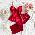 Conjunto de pijama de seda roja para mujer con camisola y pantalón largo para el hogar - S / Rojo