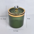 Green ribbed glass canister with gold rim and crystal handle for cotton swabs - Diamond Handle / Light Green