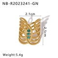 Detail view of 18K gold plated ring with triple green zircon inlay and size dimensions - Adjustable Open / Green Gemstone Style (NB-R2023241-GN)
