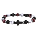Detail of beaded bracelet with black matte stones, marble beads and a cross charm - Black White Red-Brown (B4535-E)