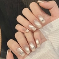 Champagne cat-eye press-on nails with sparkling rhinestone trim and square shape - XS / 584-Short Trapezoid Style