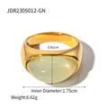 Golden stainless steel ring with a large translucent light green gemstone and dimensions - Oval Light Green Stone Ring-Size 6