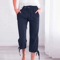 Women's navy blue cotton linen cropped wide leg pants with drawstring waist and bow cuffs - S / Navy Blue