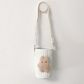 Detailed view of white quilted fabric water bottle bag with embroidered bear and shoulder strap - White/Milk Tea Bunny