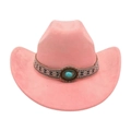 Pink western cowboy hat with ethnic patterned band and turquoise stone detail - One Size / Oval Blue Stone Decoration / Dusty Pink