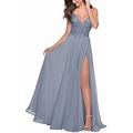 Elegant dusty blue lace chiffon prom dress with spaghetti straps and high side slit - US size 2 / Blue Grey