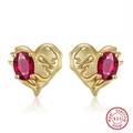 Golden S925 sterling silver heart stud earrings with oval red gemstone inlay - Ruby Heart Stud - Gold