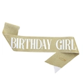 Golden glitter birthday girl sash with white lettering and a gold safety pin accessory - One Size / Dark Gold with White Text - GIRL
