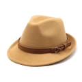 Classic khaki wool fedora hat with dark brown leather band and gold buckle detail - M (56-58cm) / Camel