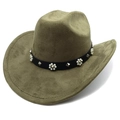 Détail d'un chapeau de cow-boy en daim vert olive avec bande en cuir sertie de perles - Vert Militaire