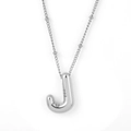 Puffy silver 3D balloon letter J pendant necklace with polished stainless steel chain - Silver - J