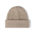 Oatmeal thick cable-knit beanie hat for winter with warm ribbed turnover cuff - Adjustable / Khaki