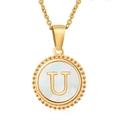 Macro detail of 18K gold letter U pendant with white shell inlay and beaded edges - Gold Letter U