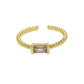 Adjustable 18k brass ring with rectangular clear stone and bead textured band - June