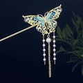 Chinesische Schmetterlings Haarnadel mit blauer Emaille und Perlen Quasten Gold - Blaugrüner Farbverlauf Schmetterling Künstliche Perle Quaste (1849)